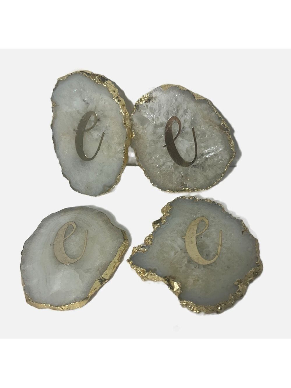 Anthropologie Beverage Coasters Natural White Agate Gold Tone Edging Initial “E”